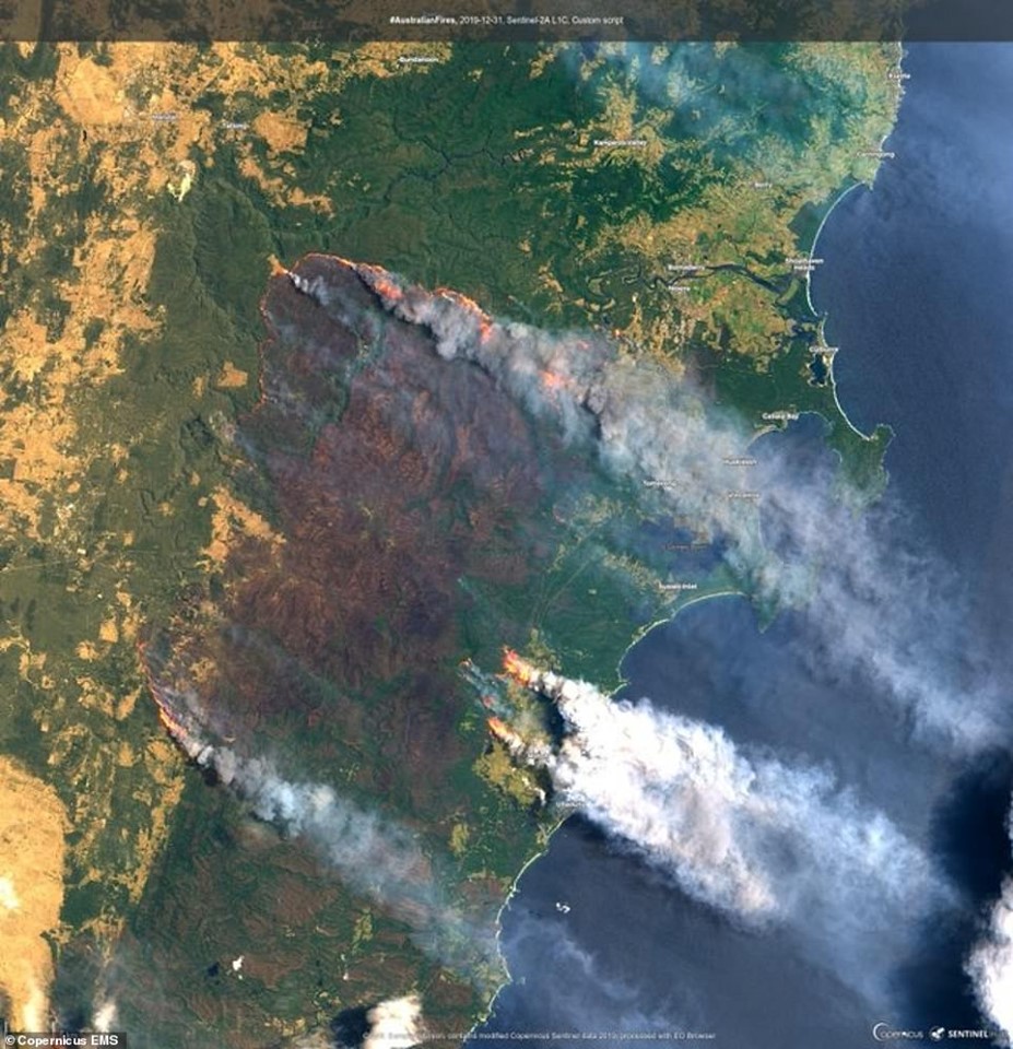 Hình ảnh đám cháy  Clyde Mountain Fire, cách Sydney 200km về phía nam nhìn từ vệ tinh hôm 31/12/2019.