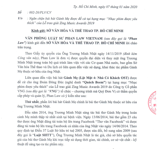 Hình ảnh tờ đơn phía đại diện nhà thơ Trương Minh Nhật gửi Sở Văn hoá - Thể thao TP.HCM
