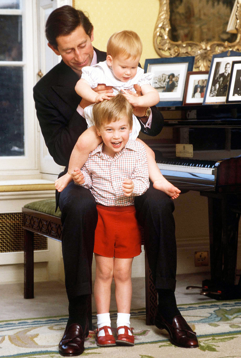 Bức ảnh được chụp năm 1985 tại Cung điện Kensington, Hoàng tử William và Harry chơi đùa bên cha là Thái tử Charles. Harry thậm chí ngồi trên vai anh trai đầy thích thú.