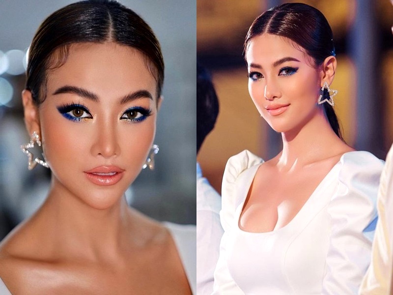 Hoa hậu Trái Đất 2018 Phương Khánh cũng từng thực hiện kiểu tóc này với phần lọn tóc lượn sóng dán sát vào trán, trang điểm mắt xanh sắc sảo đầy lôi cuốn.