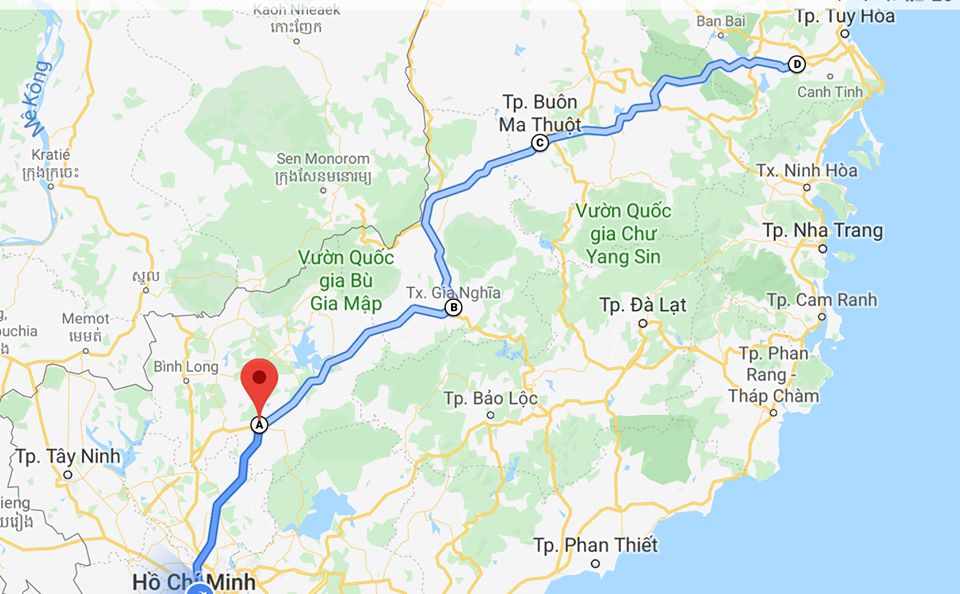 Hành trình kéo dài 541km mà anh Hà đang chinh phục. (Ảnh: Google map)