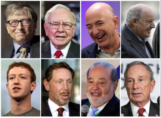 Một bức ảnh kết hợp cho thấy những người giàu nhất thé giới. Hàng trên, trái sang: Bill Gates, Warren Buffett, Jeff Bezos, Amancio Ortega. Hàng dưới, trái sang: Mark Zuckerberg, Larry Ellison, Carlos Slim và Michael Bloomberg.