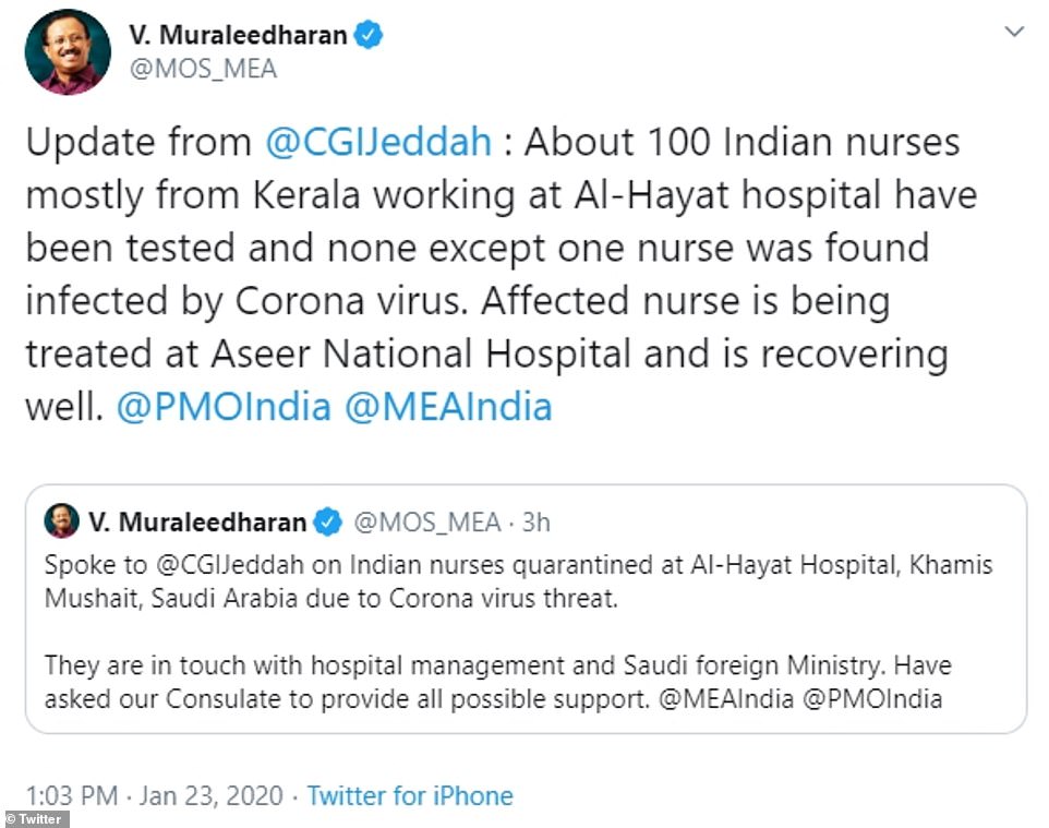 Ngoại trưởng Ấn Độ thông báo trường hợp lây nhiễm của một nữ y tá từ nước này, đang làm việc tại Ả Rập Saudi.