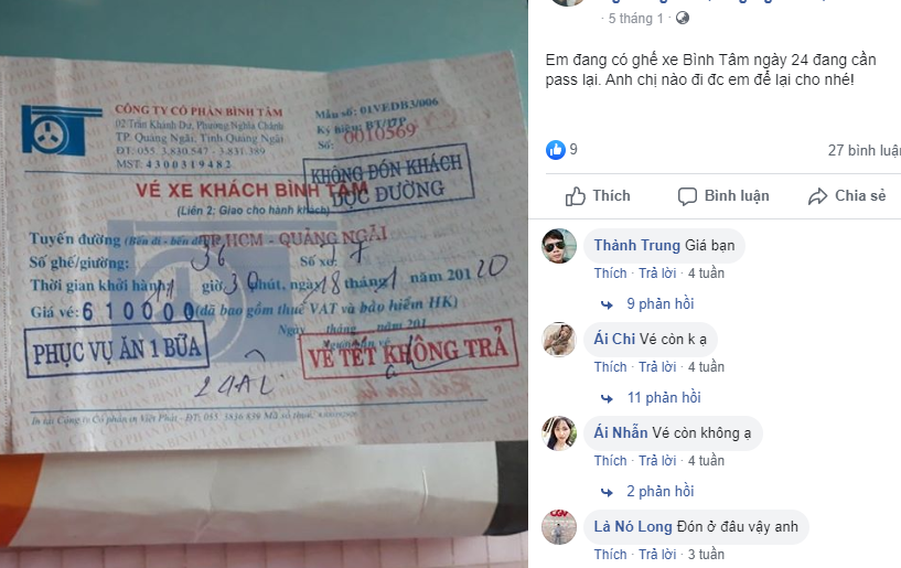 Vé xe Bình Tâm được giao dịch tràn lan trên Facebook khiến người dân đối diện nguy cơ vé giả.