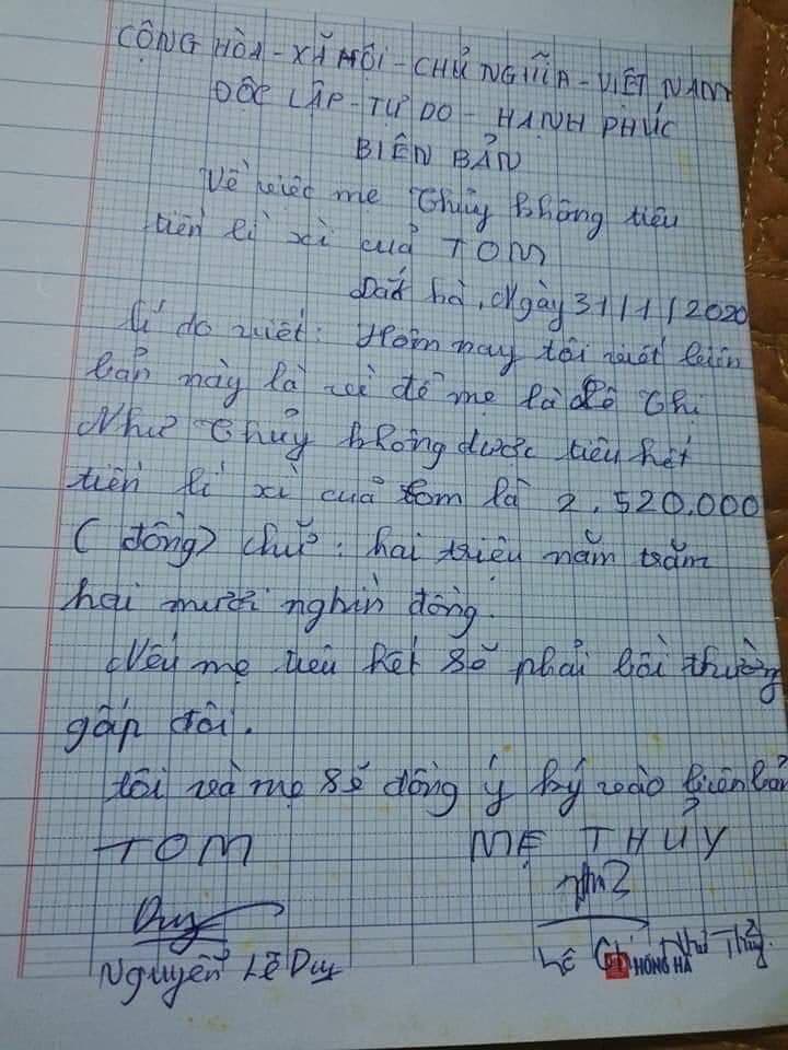 biên bản của một cậu bé lập về việc mẹ không được tiêu tiền lì xì của mình