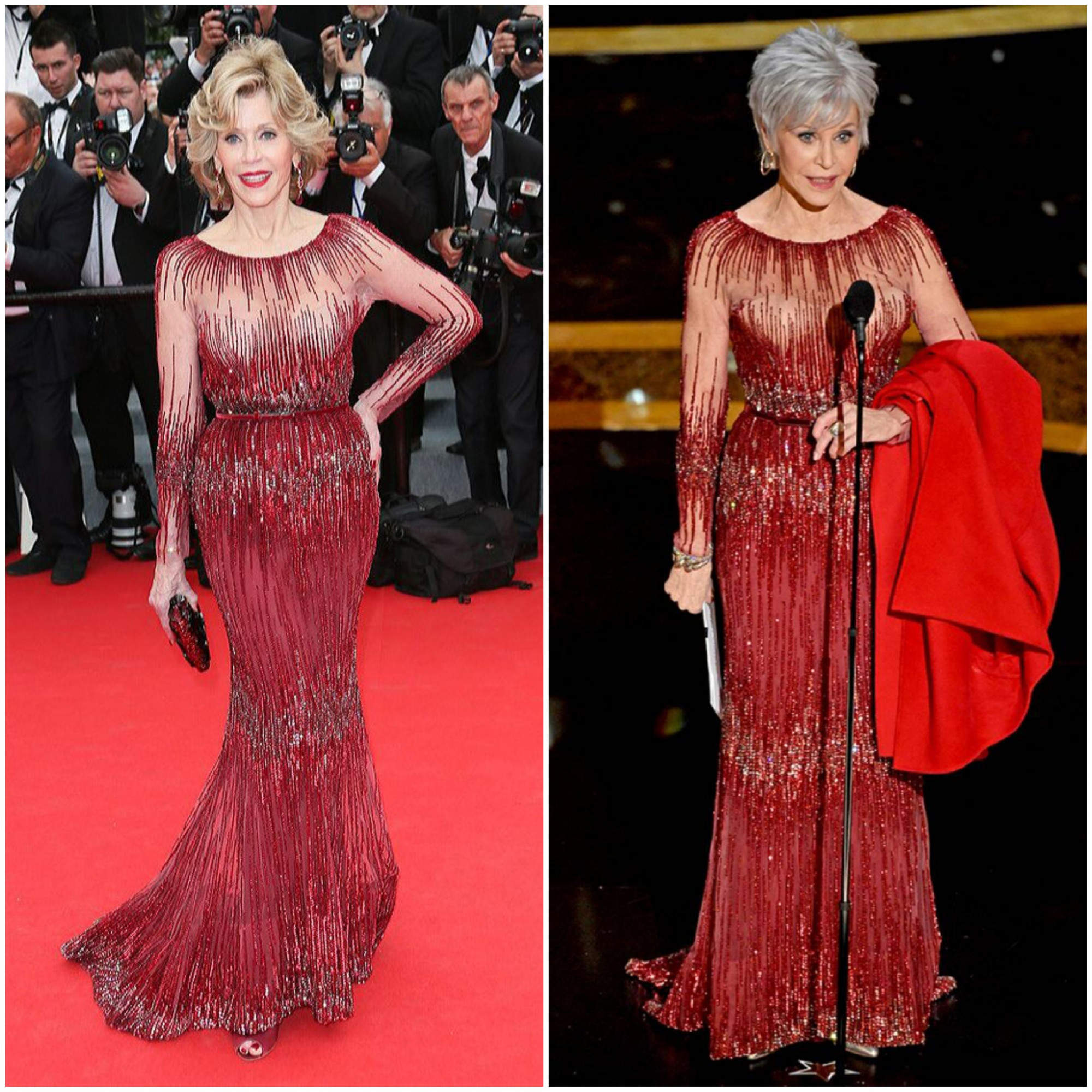 Tại Oscar lần thứ 92 vừa diễn ra, Jane Fonda nổi bật trong chiếc đầm đỏ của Elie Saab, đính nhiều hạt pha lê cùng áo khác choàng đồng màu. Bộ cánh được nữ diễn viên diện cách đây 6 năm tại Liên hoan phim Cannes 2014. Trước khi trao Phim hay nhất, nữ diễn viên 82 tuổi tay cầm chiếc áo choàng đỏ và tâm sự: “Bạn thấy chiếc áo khoác này không… đây là chiếc áo cuối cùng mà tôi đã mua. Khi nói chuyện với mọi người, tôi nhận ra mình phải hạn chế việc mua sắm… Tôi không cần sắm quá nhiều thứ và tôi quyết định không mua thêm bất kỳ bộ quần áo nào nữa”.