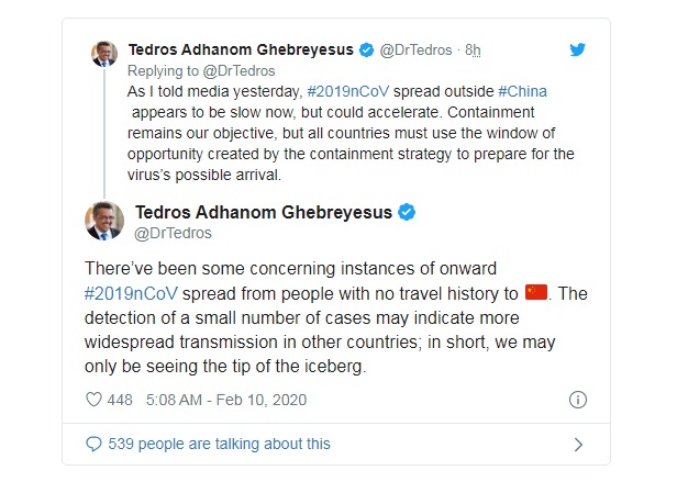 Ông Tedros Adhanom Ghebreyesus  đưa ra bình luận rằng số ca nhiễm từ người sang người bên ngoài Trung Quốc có thể chỉ là một phần rất nhỏ của con số thực tế.