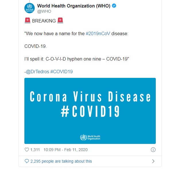 WHO công bố tên gọi chủng virus mới trên Twitter.