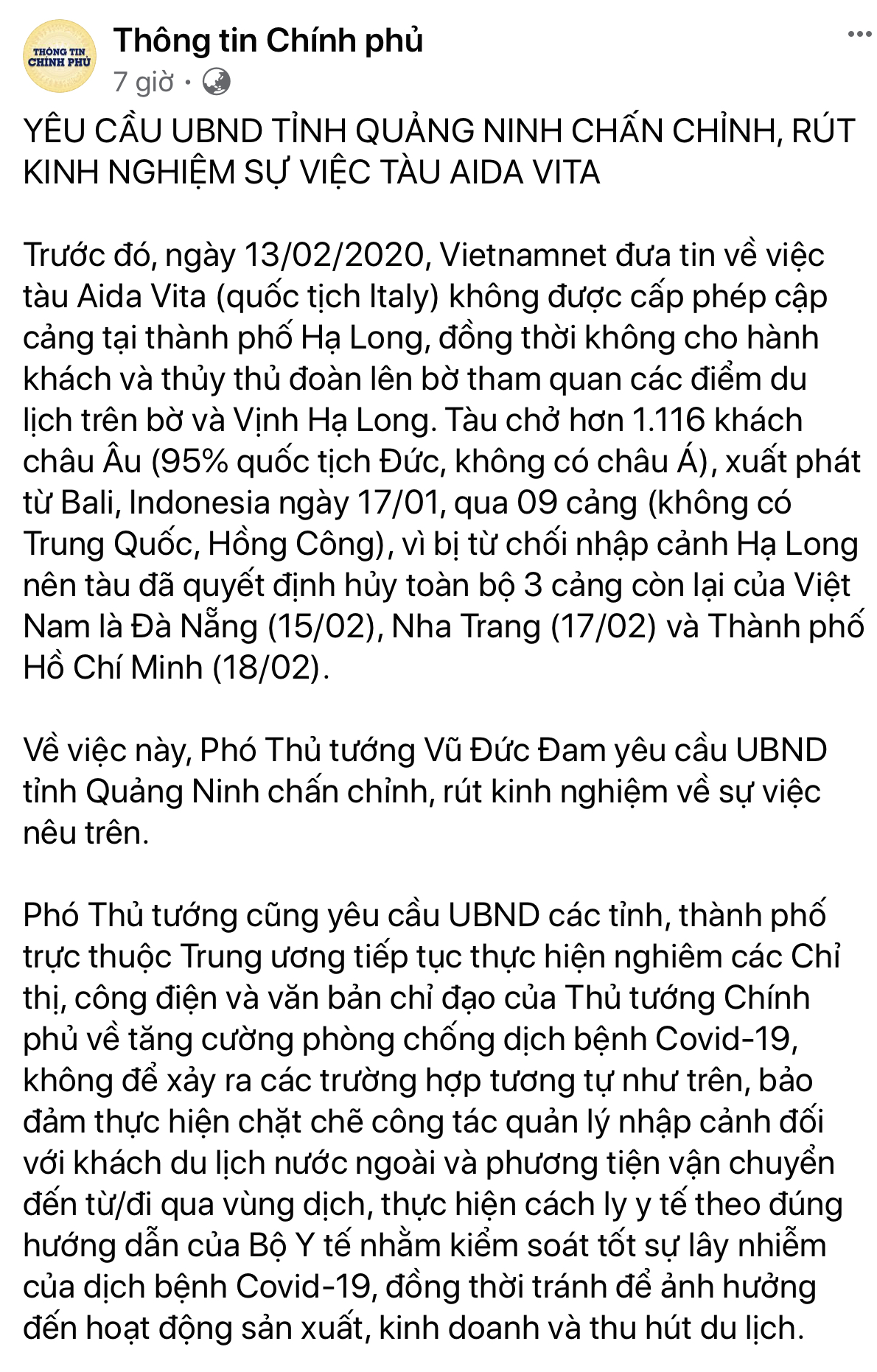 Quảng Ninh bị Chính phủ nhắc nhở sau khi từ chối cho tàu du lịch Italia cập cảng Hạ Long