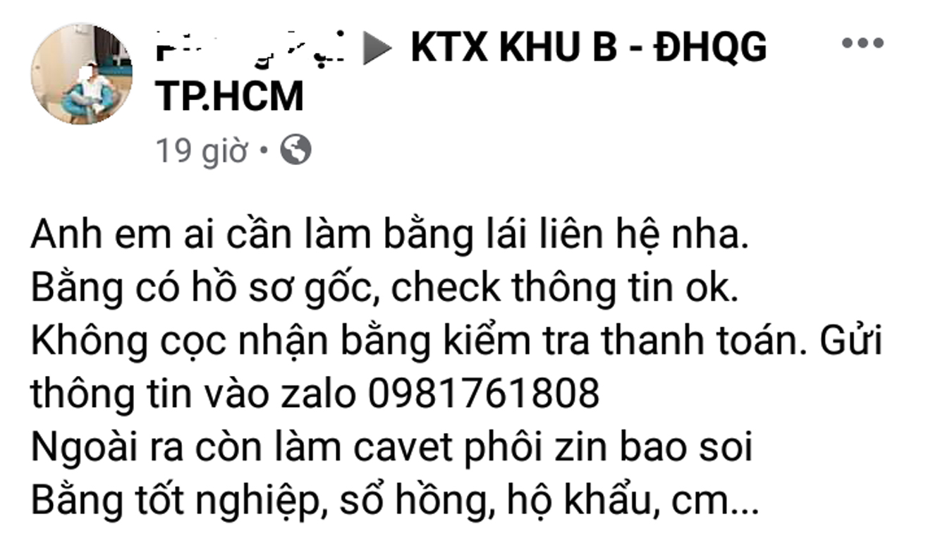 Các trang dành cho sinh viên cũng xuất hiện tình trạng quảng cáo làm bằng lái giả