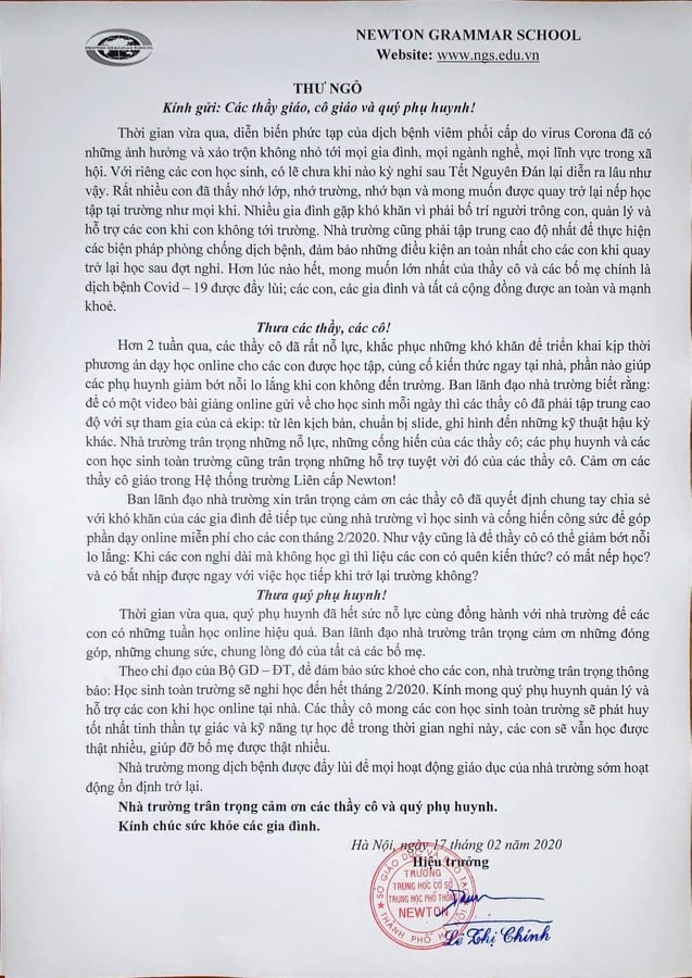 Ngay trong đêm 17/2 trường Newton phải đính chính thông tin và học sinh vẫn được học online mà không mất phí