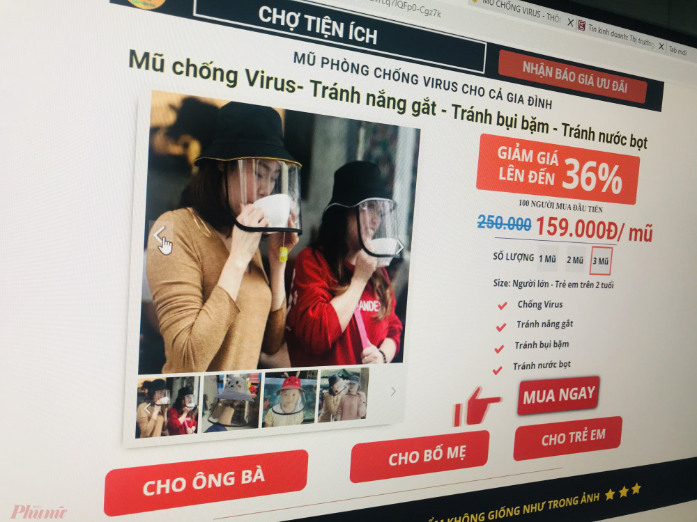 Một trang web bán rap bán loại mũ chống virus, nắng, bụi và nước bọt. 