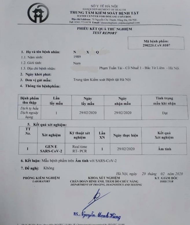 Kết quả xét nghiệm: Bệnh nhân âm tính đối với SARS-COV2.