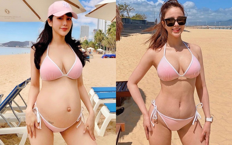 Diệp Lâm Anh mặc lại bộ bikini 2 mảnh màu hồng viền trắng dễ thương thời đang mang bầu so sánh với hình ảnh sau 4 tháng sinh nở. Người xem đều bất ngờ về khả năng lấy lại dáng ‘thần tốc’ của nữ diễn viên. 