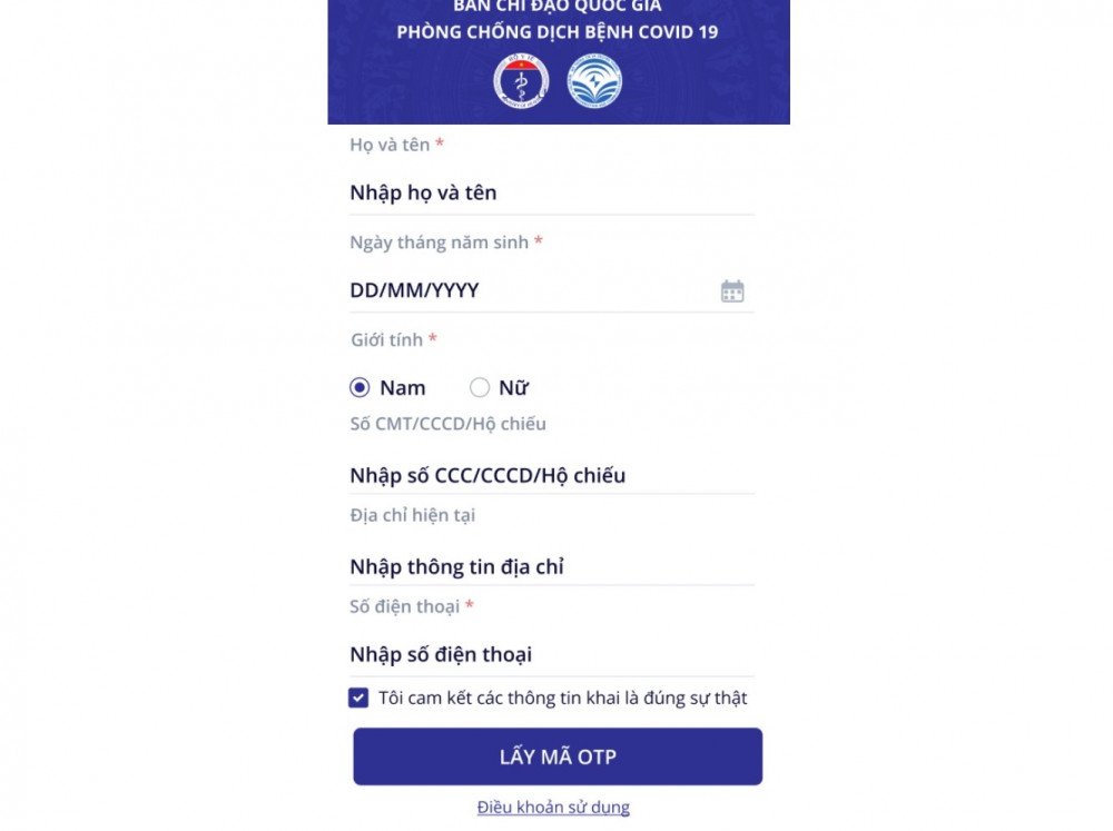 Điền các thông tin như họ tên, số cmnd, địa chỉ nơi ở, số điện thoại... rồi tiến hành lấy OTP để đăng