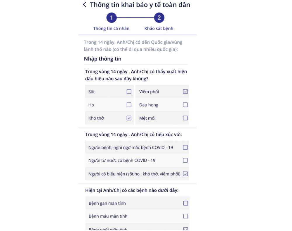 Điền thông tin khai báo y tế và tiền sử dịch tễ trong thời gian qua