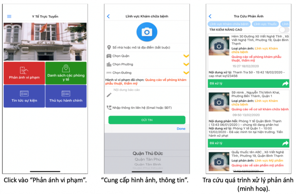 Các mục, nội dung trong ứng dụng Y tế trực tuyến giúp người dân dễ dàng phản ảnh về cơ sở y tế.