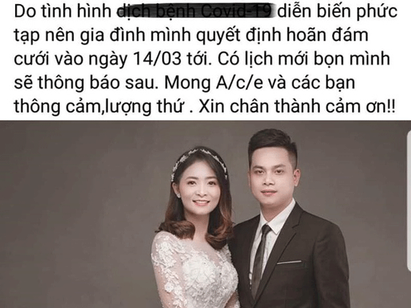 Thông báo hoãn đám cưới do dịch bệnh Covid 19 của một cặp đôi ở Nghệ An. Hành động này được cư dân mạng thả tim không ngớt.