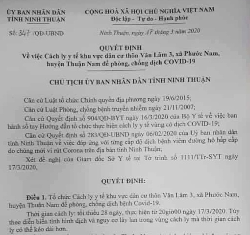 Theo quyết định của Chủ tịch UNBD tỉnh Ninh Thuận, thôn Văn Lâm 3 sẽ bị cách ly trong tối thiểu 28 ngày