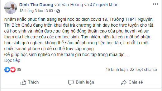 Thầy Thọ lên Facebook kêu gọi ủng hộ cho học trò
