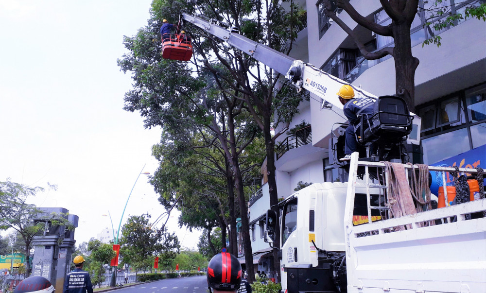 Người dân ở đường Trường Sa ( Quận Phú Nhuận) thắc mắc không hiểu vì sao trời đang nắng chói chang nhưng cây xanh lại bị chặt tàn, mé nhánh. Ảnh: H.N