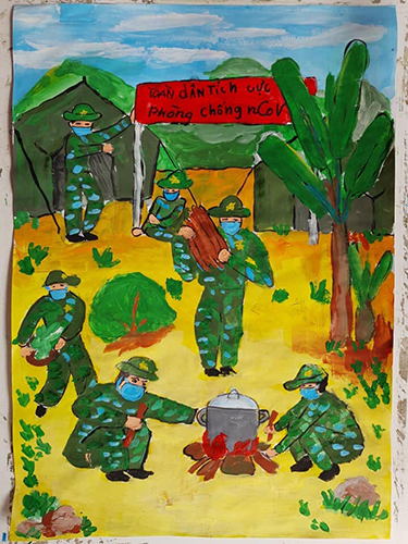 Toàn dân tích cực phòng chống nCoV” – tranh vẽ của học sinh Trường tiểu học Bắc Hồng (thị xã Hồng Lĩnh, tỉnh Hà Tĩnh).