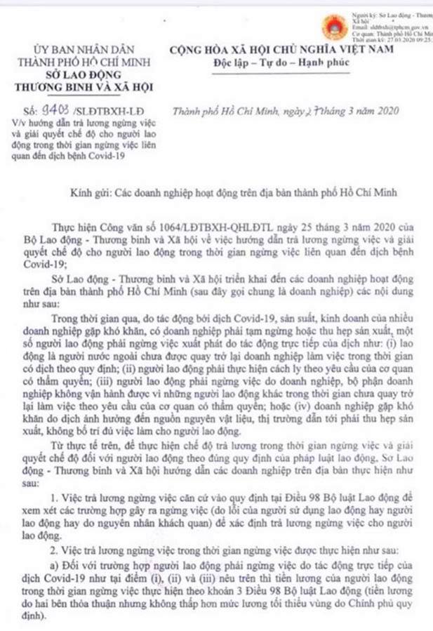  Sở Lao động - Thương binh và Xã hội hướng dẫn doanh nghiệp giải quyết chế độ cho người lao động trong thời gian ngừng việc do dịch COVID-19