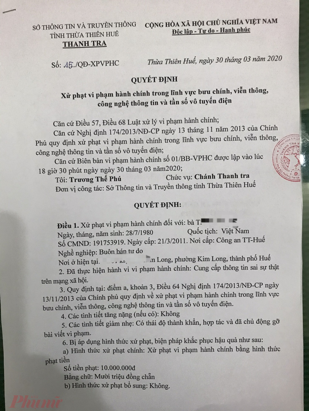 Quyết định xử phạt chiều 30/3