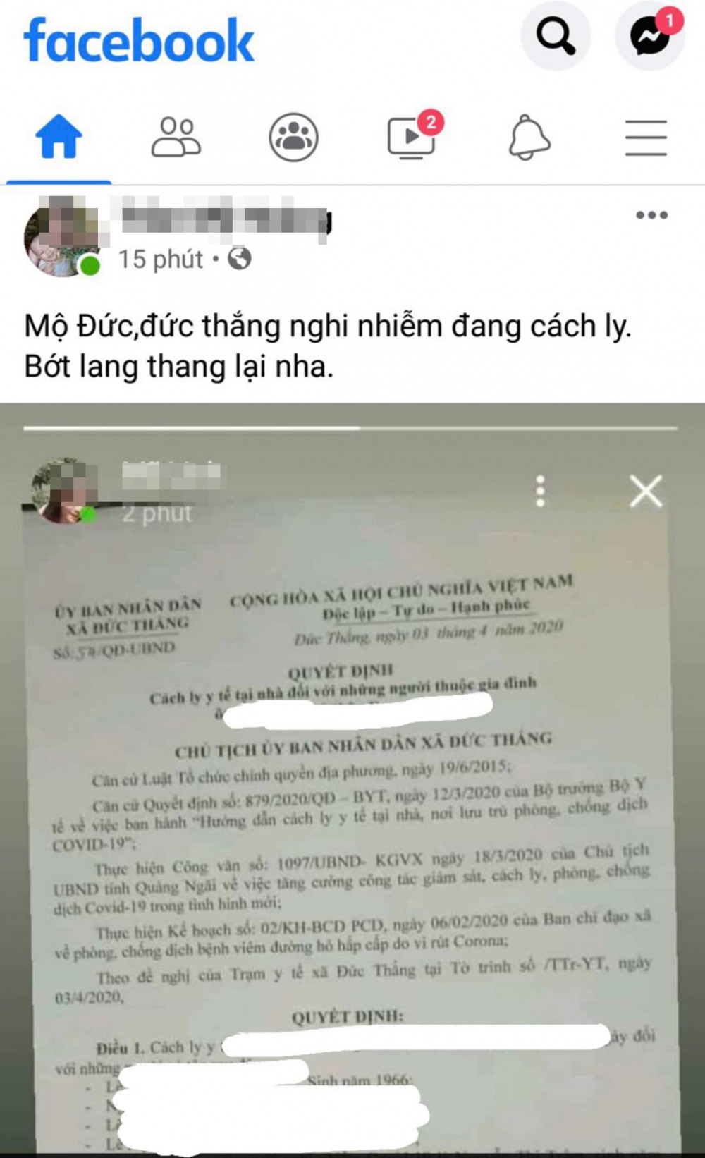 Tài khoản Facebook của bà Trần Thị My H. đưa rõ thông tin của người cách ly y tế
