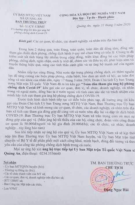 Từ ý kiên chỉ đạo của UBMTTQ huyện Quảng Điền, UBMTTQ xã Quảng An đã ra văn bản kêu gọi ủng hộ phòng chống chống dịch COVID-19