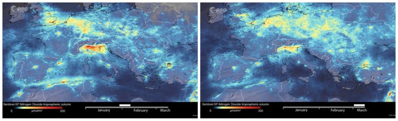 Hình ảnh vệ tinh cũng chụp được sự sụt giảm ô nhiễm không khí ở Ý.
