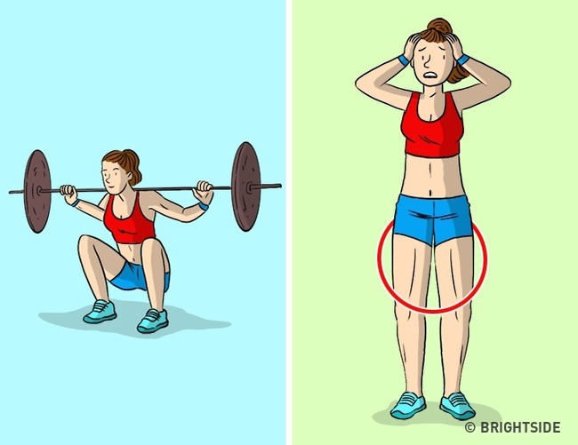 Squats với trọng lượng nặng Chúng tôi đã đề cập ở trên rằng squats với trọng lượng nặng có thể làm hỏng vòng eo của bạn. Nhưng nó không chỉ về vòng eo của bạn - mà còn về đôi chân của bạn. Đầu tiên, các bài tập chuyên sâu có thể làm cho hông của bạn trông bớt nữ tính và cồng kềnh. Thứ hai, trọng lượng nặng có thể làm hỏng không chỉ con số của bạn, mà còn có thể gây hại cho đầu gối và lưng dưới của bạn.