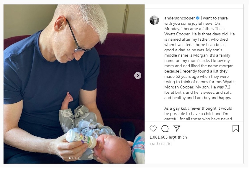 Anderson Cooper chia sẻ tin vui bất ngờ trên Instagram.
