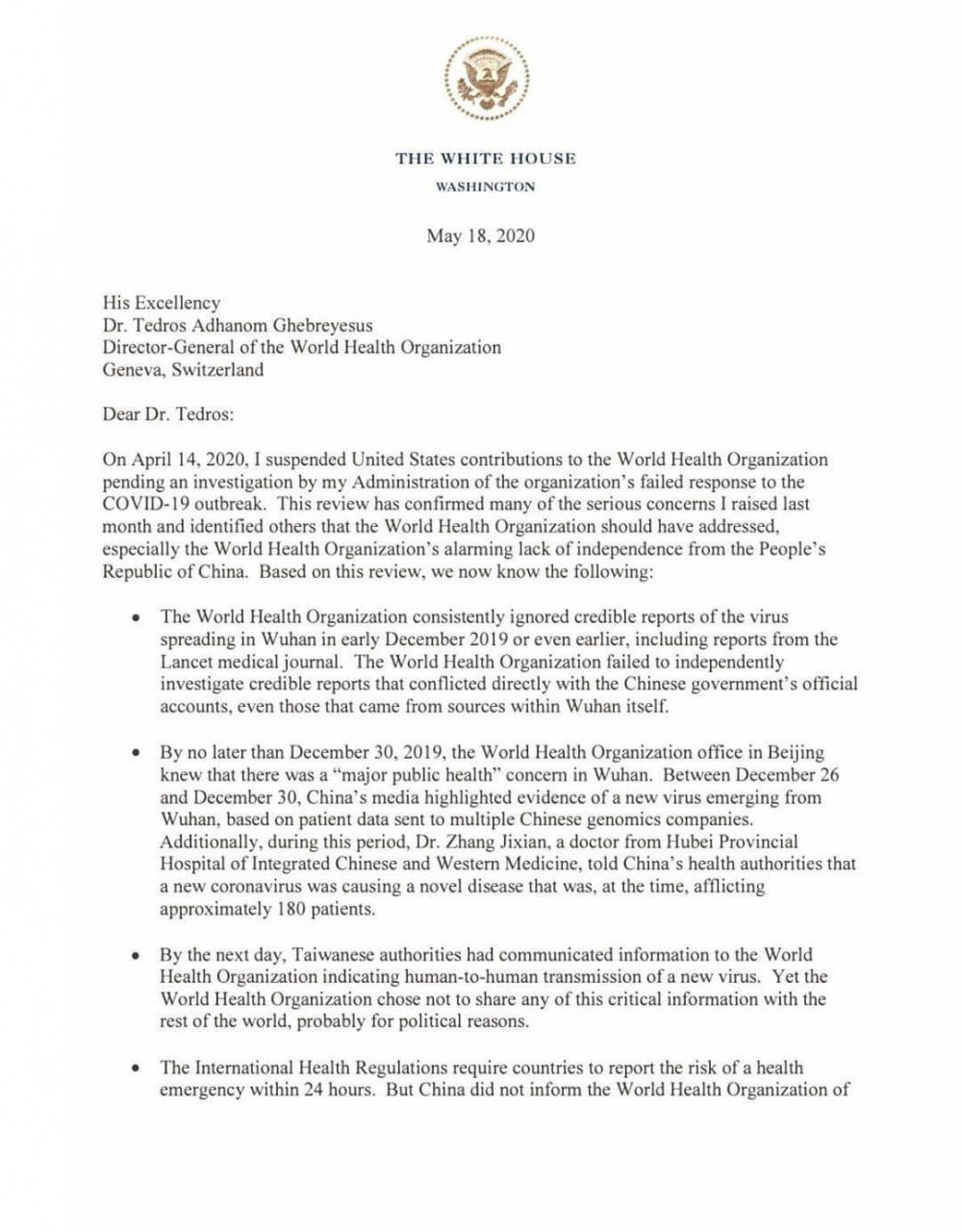 Bức thư của Tổng thống Trump gửi đến Tổng giám đốc WHO và Tổ chức hôm 18/5.