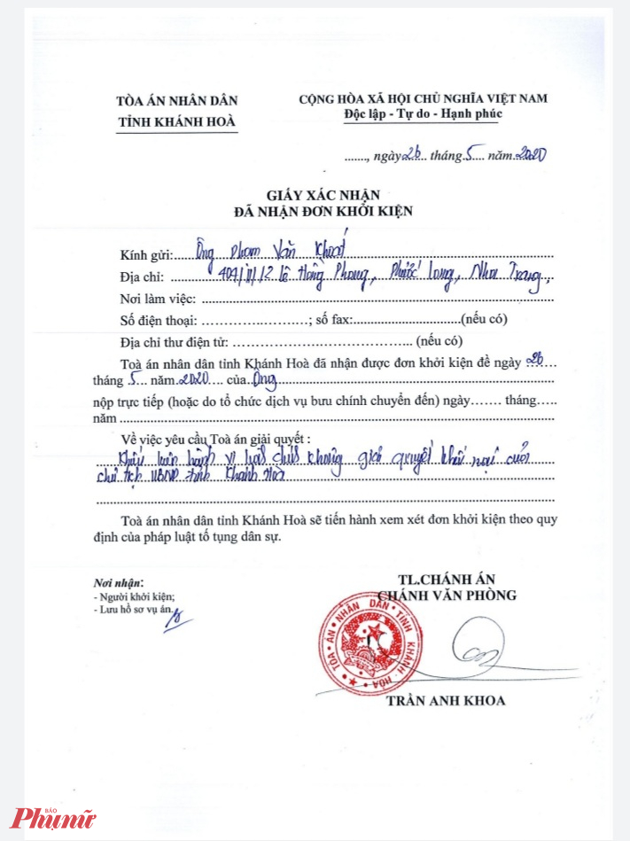 Giấy xác nhận đã nhận đơn khởi kiện của TAND tỉnh Khánh Hòa 