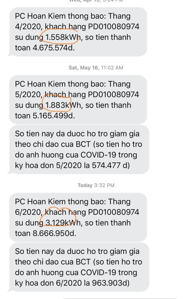 Hình ảnh thông báo số điện sử dụng do ông Nam đăng tải.