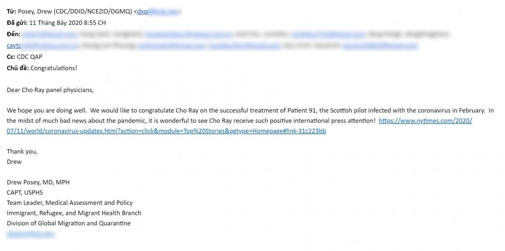 Bức thư điện tử CDC Mỹ gửi cho BV Chợ Rẫy