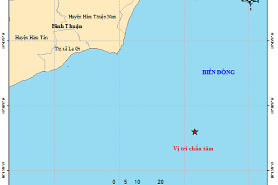 Bản đồ tâm chấn trận động đất ngoài khơi biển Bình Thuận.