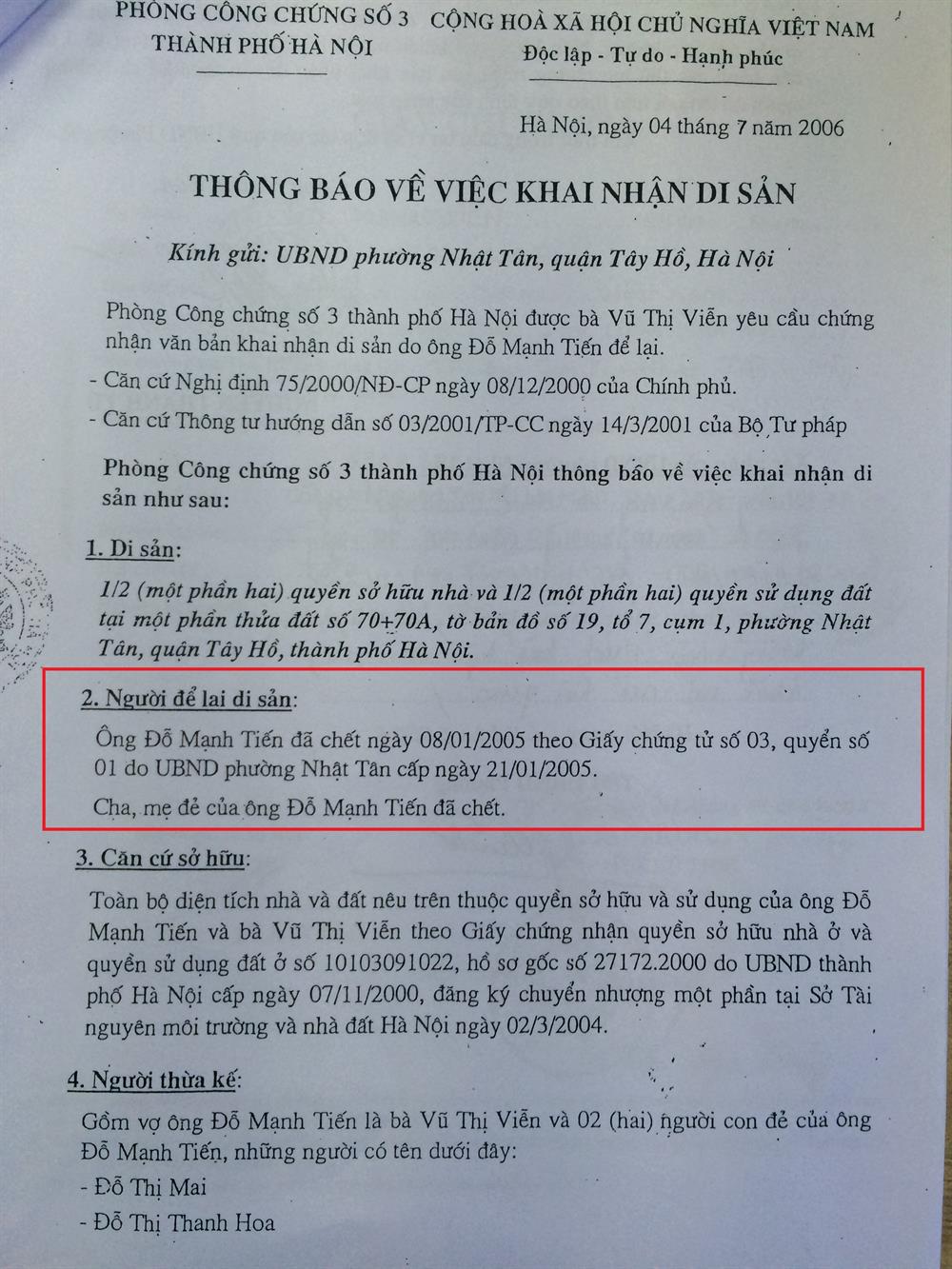 Văn bản khai báo tài sản thừa kế khai tử vợ chồng ông Hợp.