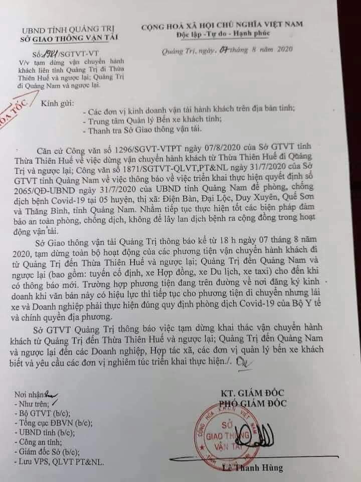 Thông báo tạm dừng vận chuyển hành khách liên tỉnh của Sở GT-VT tỉnh Quảng Trị