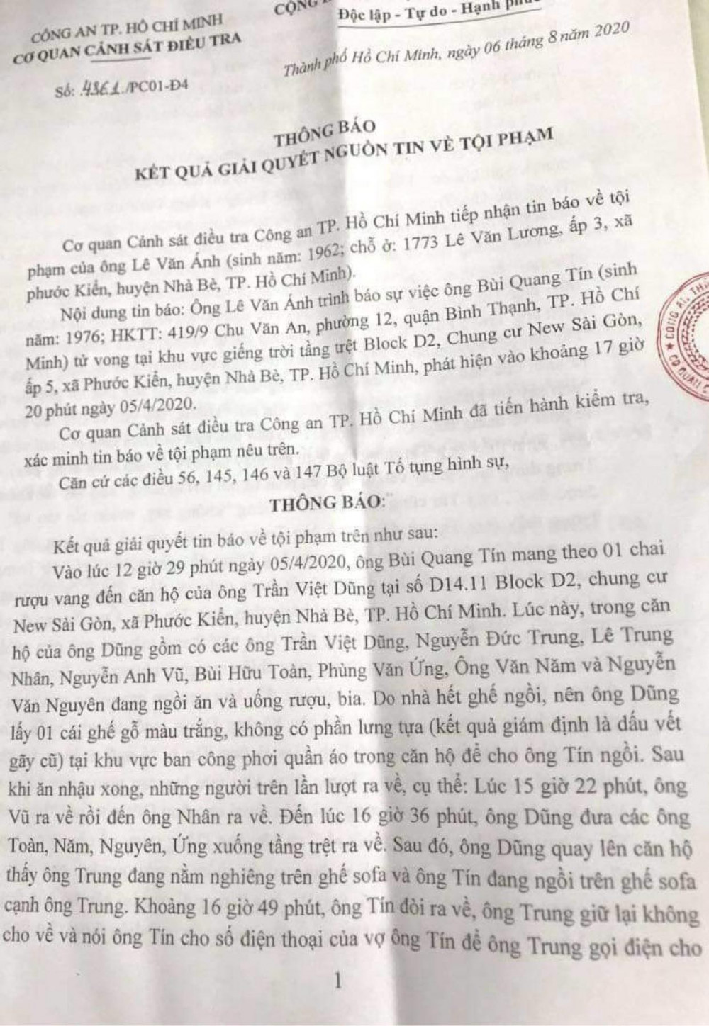 Cơ quan CSĐT xác định ông Bùi Quang Tín tử vong do tự rơi từ tầng 14 xuống tầng trệt, vụ việc không có dấu hiệu tội phạm.