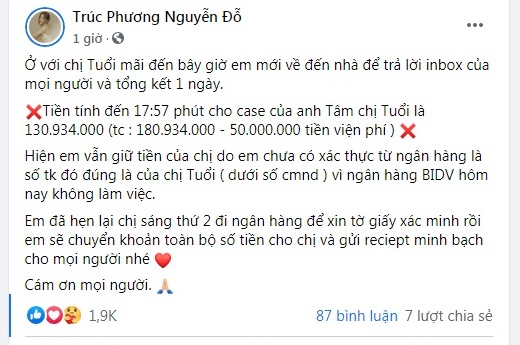 Trúc Phương cập nhật số tiền quyên góp cho anh Tâm trên trang cá nhân vào chiều nay.