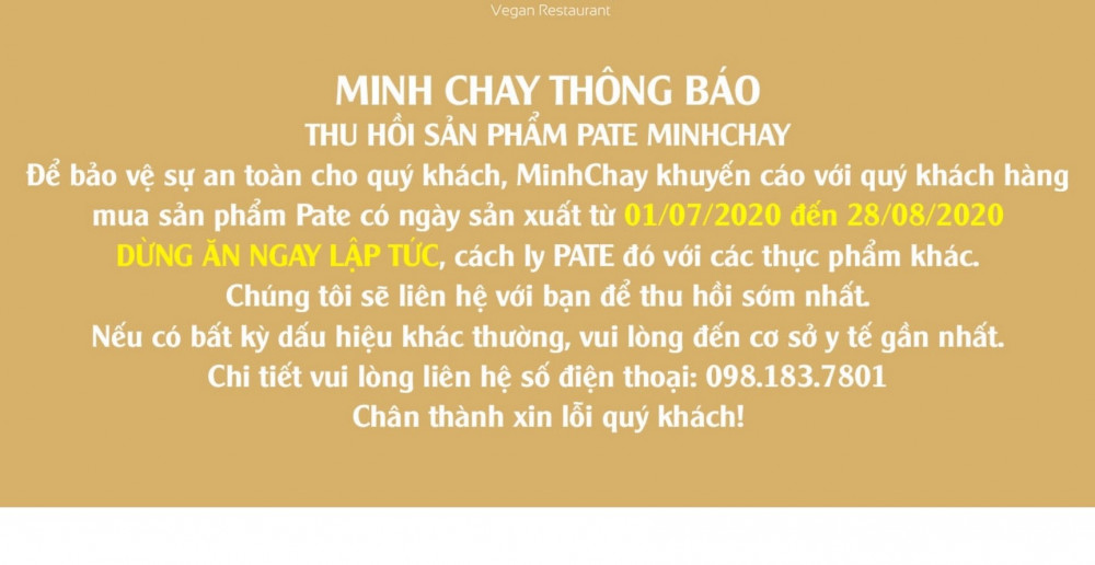 Thông báo thu hồi sản phẩm của Minh Chay đăng tải trên website