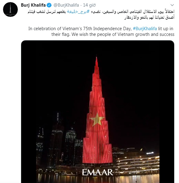 Chính quyền Dubai và Các Tiểu vương quốc Arab Thống nhất (UAE) chúc mừng Quốc khánh Việt Nam thông qua trang Twitter của Tháp Burj Khalifa.