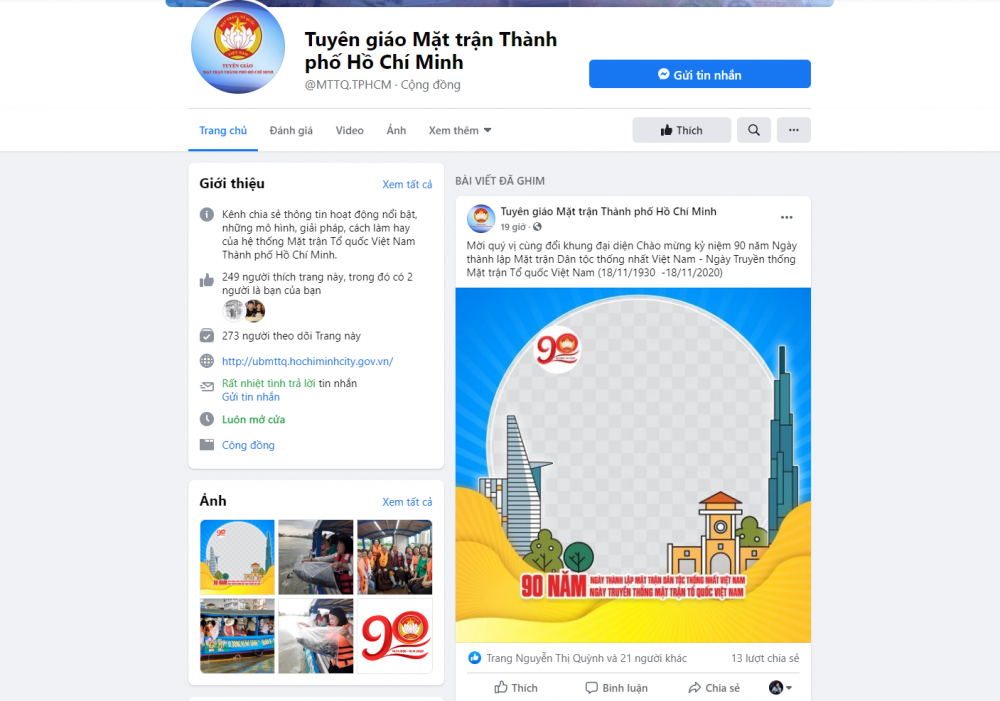 Giao diện trang fanpage Facebook “Tuyên giáo Mặt trận Thành phố Hồ Chí Minh”.