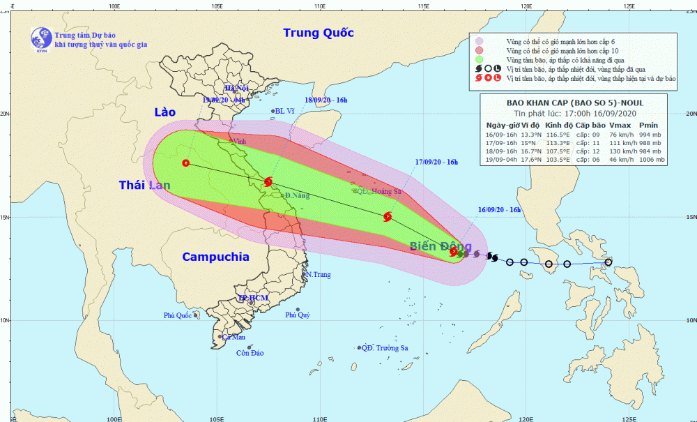Vị trí bão Noul vào hồi 16g ngày 16/9 - Ảnh: Trung tâm Dự báo khí tượng thủy văn quốc gia