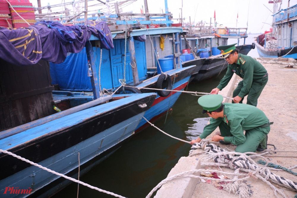 Bộ đội Biên phòng giúp ngưu dân neo đậu tàu thuyền ở âu thuyền Phú Thuận