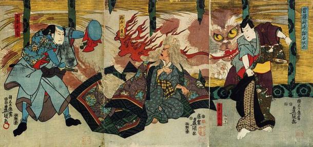 Một Nekomata đang tấn công con người - Tranh của họa sĩ Utagawa Kunisada (1847)