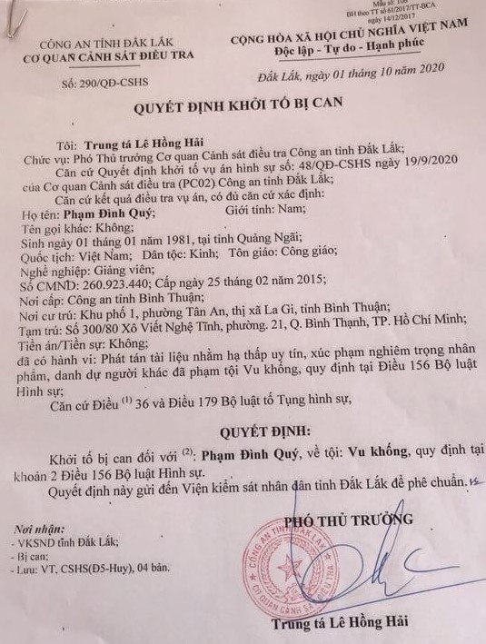 Quyết định khởi tố của Công an tỉnh Đắk Lắt