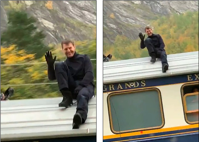 Hình ảnh Tom Cruise ngồi trên nóc tàu hoả được chụp lại.